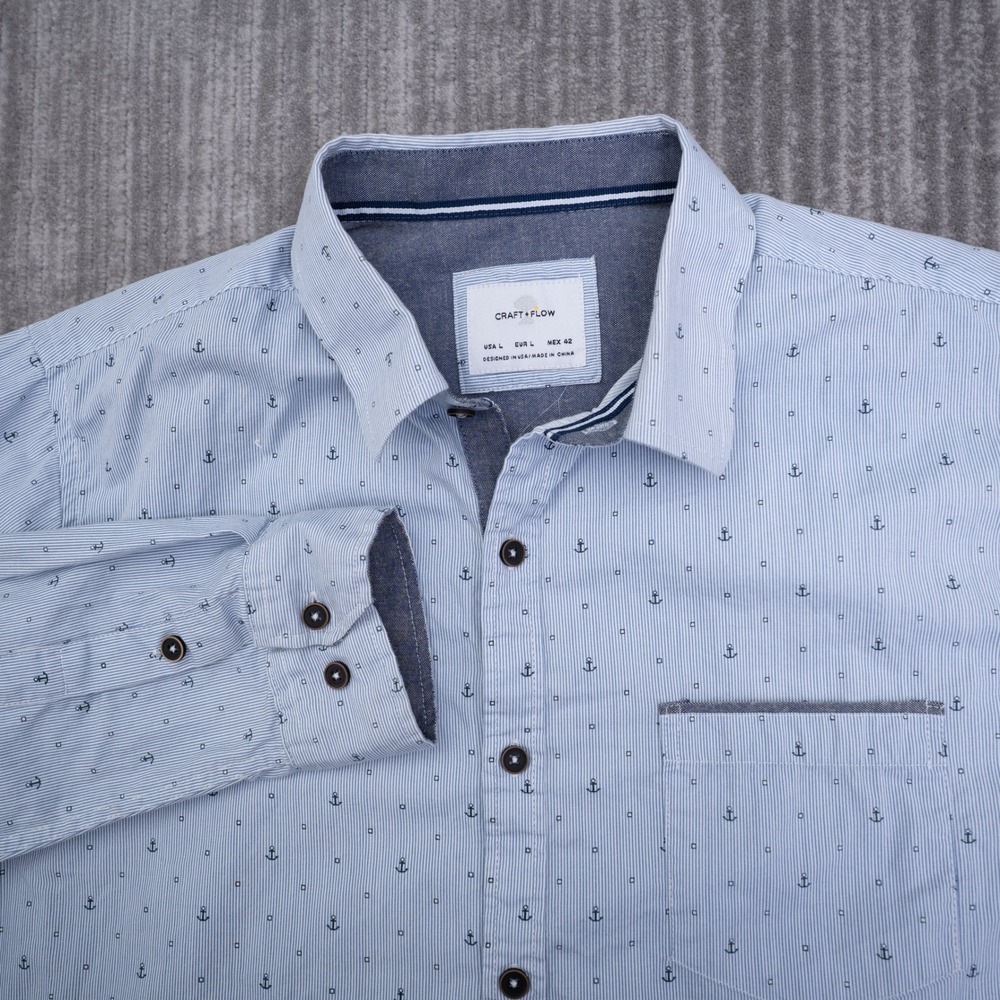 Craft + Flow Mens Large Blue White Striped Anchor Print Long Sleeve Button Up